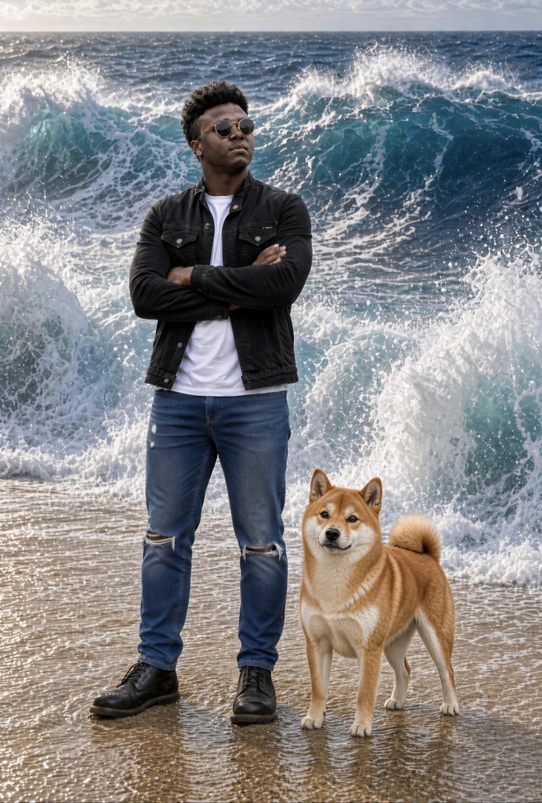 A man standing on a beach beside the ocean with a Shiba Inu dog named TAKO